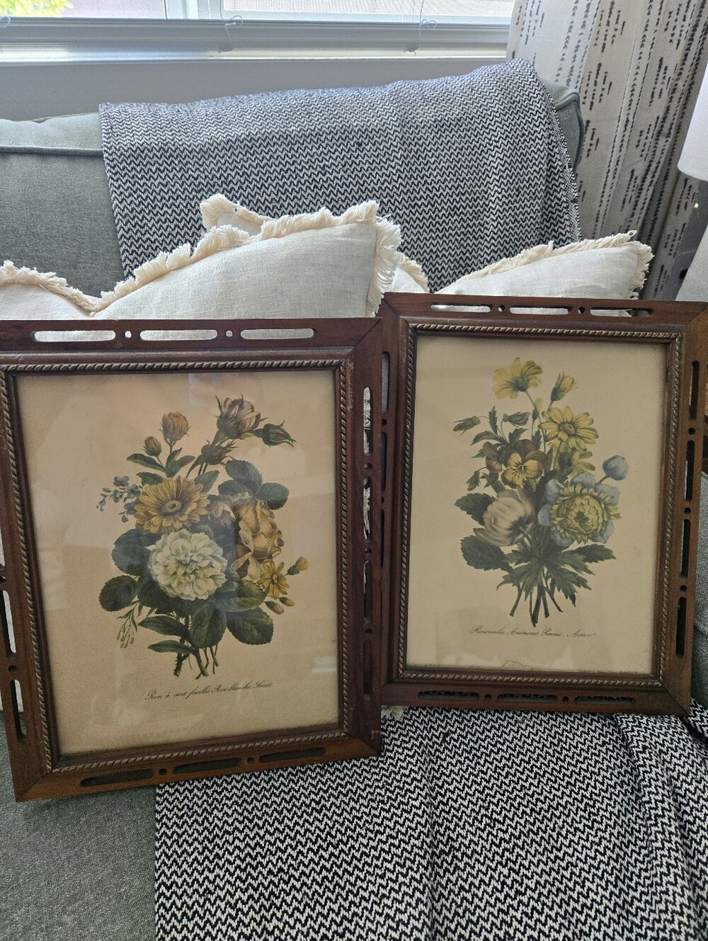 Antique Floral Botanical Wall Art Prints in Brown Frame - Set of 2